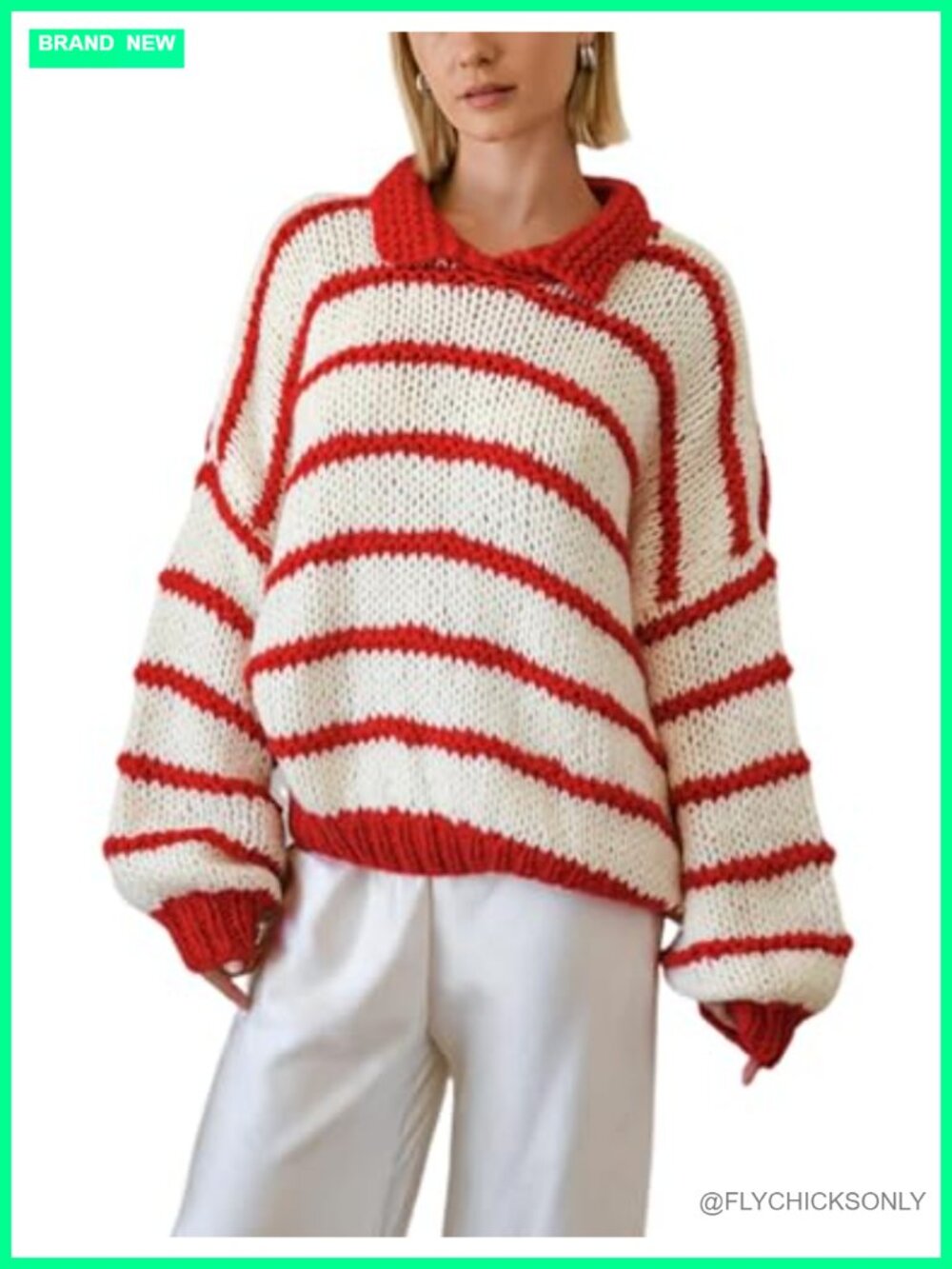 Oversized Striped Crewneck Pullover Sweater Drop Shoulder Balloon Sleeve